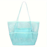 Blue Breathable Mesh Beach Tote Bag - Large Capacity Sand-Free Bag with Zipper Pocket & Multi-Purpose Storage