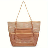 Brown Breathable Mesh Beach Tote Bag ??Large Capacity Sand-Free Bag with Zipper Pocket & Multi-Purpose Storage