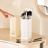 White Automatic Lifting Makeup Brush Holder with 4 Compartments, Large Capacity Cosmetic Brush Organizer(Makeup brushes are shooting props and are not included) - Side View