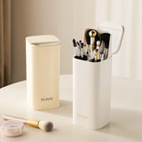 Black Gold Automatic Lifting Makeup Brush Holder with 4 Compartments, Large Capacity Cosmetic Brush Organizer(Makeup brushes are shooting props and are not included) - Front View