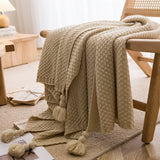 Beige 110cm x 150cm Soft Tassel Throw Blanket for Sofa or Bed, Cozy Casual Blanket for Office Nap, Minimalist Bed End Cover