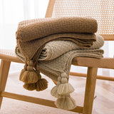 Beige 110cm x 150cm Soft Tassel Throw Blanket for Sofa or Bed, Cozy Casual Blanket for Office Nap, Minimalist Bed End Cover