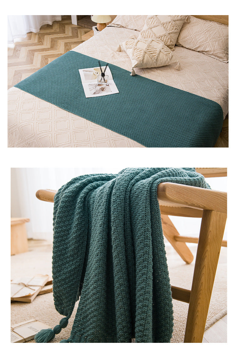 Beige 110cm x 150cm Soft Tassel Throw Blanket for Sofa or Bed, Cozy Casual Blanket for Office Nap, Minimalist Bed End Cover