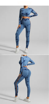 Dark Blue Size M Tie-Dye Yoga Set Long Sleeve Butt Lift Leggings Seamless Workout Training Gym Clothes - Side View