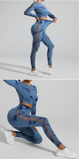 Dark Blue Size L Tie-Dye Yoga Set Long Sleeve Butt Lift Leggings Seamless Workout Training Gym Clothes - Front View