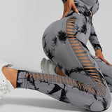 Light Gray Size S Tie-Dye Yoga Set Long Sleeve Butt Lift Leggings Seamless Workout Training Gym Clothes - Front View