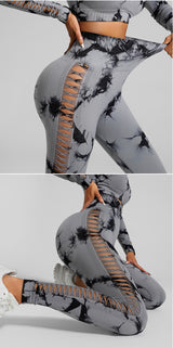 Light Gray Size S Tie-Dye Yoga Set Long Sleeve Butt Lift Leggings Seamless Workout Training Gym Clothes - Side View