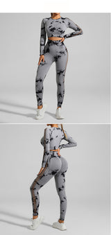 Light Gray Size L Tie-Dye Yoga Set Long Sleeve Butt Lift Leggings Seamless Workout Training Gym Clothes - Top-Down View