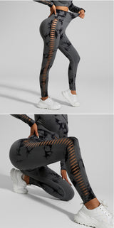 Dark Gray Size L Tie-Dye Yoga Set Long Sleeve Butt Lift Leggings Seamless Workout Training Gym Clothes - Front View