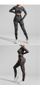 Dark Gray Size L Tie-Dye Yoga Set Long Sleeve Butt Lift Leggings Seamless Workout Training Gym Clothes - Side View