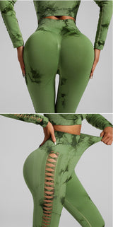 Grass Green Size L Tie-Dye Yoga Set Long Sleeve Butt Lift Leggings Seamless Workout Training Gym Clothes - Front View