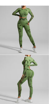 Grass Green Size L Tie-Dye Yoga Set Long Sleeve Butt Lift Leggings Seamless Workout Training Gym Clothes - Side View