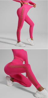 Rose Red Size S Tie-Dye Yoga Set Long Sleeve Butt Lift Leggings Seamless Workout Training Gym Clothes - Front View