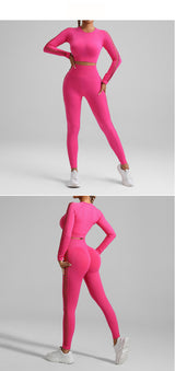 Rose Red Size M Tie-Dye Yoga Set Long Sleeve Butt Lift Leggings Seamless Workout Training Gym Clothes - Side View
