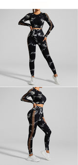Black and Grey Tie-Dye Size S Tie-Dye Yoga Set Long Sleeve Butt Lift Leggings Seamless Workout Training Gym Clothes - Side View