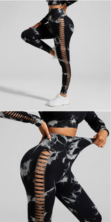 Black and Grey Tie-Dye Size M Tie-Dye Yoga Set Long Sleeve Butt Lift Leggings Seamless Workout Training Gym Clothes - Front View