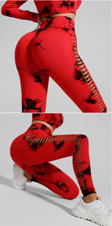 Red and Black Tie-Dye Size S Tie-Dye Yoga Set Long Sleeve Butt Lift Leggings Seamless Workout Training Gym Clothes - Front View