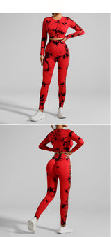 Red and Black Tie-Dye Size L Tie-Dye Yoga Set Long Sleeve Butt Lift Leggings Seamless Workout Training Gym Clothes - Side View