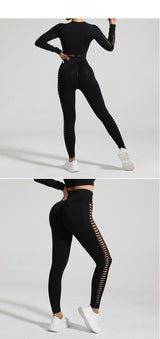 Black Size S Tie-Dye Yoga Set Long Sleeve Butt Lift Leggings Seamless Workout Training Gym Clothes - Side View
