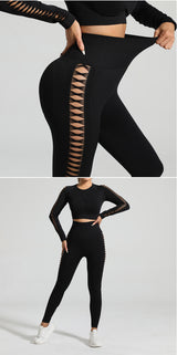 Black Size M Tie-Dye Yoga Set Long Sleeve Butt Lift Leggings Seamless Workout Training Gym Clothes - Front View