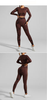 Coffee and Black Tie-Dye Size S Tie-Dye Yoga Set Long Sleeve Butt Lift Leggings Seamless Workout Training Gym Clothes - Side View