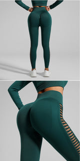 Dark Green Size L Tie-Dye Yoga Set Long Sleeve Butt Lift Leggings Seamless Workout Training Gym Clothes - Front View