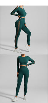 Dark Green Size L Tie-Dye Yoga Set Long Sleeve Butt Lift Leggings Seamless Workout Training Gym Clothes - Side View