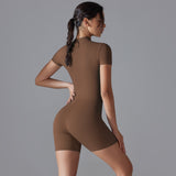 Brown Size S Women's Summer Zip-Up Bodysuit - Short Sleeve, High Stretch Yoga & Dance Outfit, Breathable Fitness Wear - Side View
