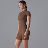 Brown Size S Women's Summer Zip-Up Bodysuit - Short Sleeve, High Stretch Yoga & Dance Outfit, Breathable Fitness Wear - Top-Down View