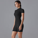 Black Size XL Women's Summer Zip-Up Bodysuit - Short Sleeve, High Stretch Yoga & Dance Outfit, Breathable Fitness Wear - Top-Down View