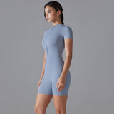 Blue Size S Women's Summer Zip-Up Bodysuit - Short Sleeve, High Stretch Yoga & Dance Outfit, Breathable Fitness Wear - Side View
