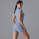 Blue Size S Women's Summer Zip-Up Bodysuit - Short Sleeve, High Stretch Yoga & Dance Outfit, Breathable Fitness Wear - 45-Degree Angle