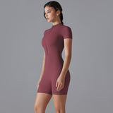 Dark Red Size M Women's Summer Zip-Up Bodysuit - Short Sleeve, High Stretch Yoga & Dance Outfit, Breathable Fitness Wear - Front View