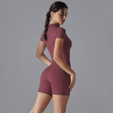 Dark Red Size M Women's Summer Zip-Up Bodysuit - Short Sleeve, High Stretch Yoga & Dance Outfit, Breathable Fitness Wear - Top-Down View