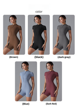 Dark Red Size M Women's Summer Zip-Up Bodysuit - Short Sleeve, High Stretch Yoga & Dance Outfit, Breathable Fitness Wear - Close-Up Angle