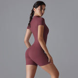 Dark Red Size XL Women's Summer Zip-Up Bodysuit - Short Sleeve, High Stretch Yoga & Dance Outfit, Breathable Fitness Wear - 45-Degree Angle