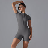 Dark Grey Size S Women's Summer Zip-Up Bodysuit - Short Sleeve, High Stretch Yoga & Dance Outfit, Breathable Fitness Wear - Front View