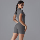 Dark Grey Size S Women's Summer Zip-Up Bodysuit - Short Sleeve, High Stretch Yoga & Dance Outfit, Breathable Fitness Wear - Top-Down View