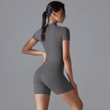 Dark Grey Size S Women's Summer Zip-Up Bodysuit - Short Sleeve, High Stretch Yoga & Dance Outfit, Breathable Fitness Wear - 45-Degree Angle