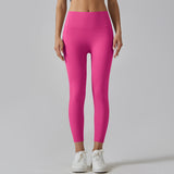 Rose Red Size M High-Waist Seamless Yoga Pants for Women - Fitness Leggings with Pockets, Quick-Dry, Butt-Lifting, Stretchable Workout Tights - Front View