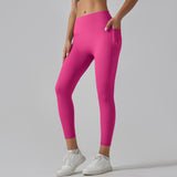 Rose Red Size L High-Waist Seamless Yoga Pants for Women - Fitness Leggings with Pockets, Quick-Dry, Butt-Lifting, Stretchable Workout Tights - Side View