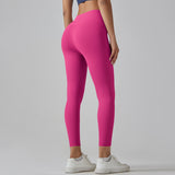 Rose Red Size L High-Waist Seamless Yoga Pants for Women - Fitness Leggings with Pockets, Quick-Dry, Butt-Lifting, Stretchable Workout Tights - Top-Down View