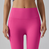 Rose Red Size L High-Waist Seamless Yoga Pants for Women - Fitness Leggings with Pockets, Quick-Dry, Butt-Lifting, Stretchable Workout Tights - Rear View