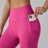 Rose Red Size XL High-Waist Seamless Yoga Pants for Women - Fitness Leggings with Pockets, Quick-Dry, Butt-Lifting, Stretchable Workout Tights - 45-Degree Angle