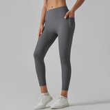Dark Grey Size XL High-Waist Seamless Yoga Pants for Women - Fitness Leggings with Pockets, Quick-Dry, Butt-Lifting, Stretchable Workout Tights - Side View