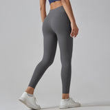 Dark Grey Size XL High-Waist Seamless Yoga Pants for Women - Fitness Leggings with Pockets, Quick-Dry, Butt-Lifting, Stretchable Workout Tights - 45-Degree Angle
