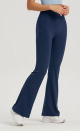 Dark Blue High-Waisted Lycra Yoga Bell-Bottom Pants for Women - Tummy Control & Butt Lifting - Rear View