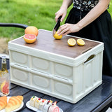 30L White Foldable Storage Box with Wooden Lid - Multifunctional Car Organizer, Outdoor Folding Storage Container - Front View
