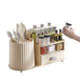 All-in-One Kitchen Countertop Organizer | Rotating Utensil Holder, Knife Block & Spice Rack with Drawer | Cream White - Front View