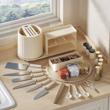 All-in-One Kitchen Countertop Organizer | Rotating Utensil Holder, Knife Block & Spice Rack with Drawer | Cream White - 45-Degree Angle